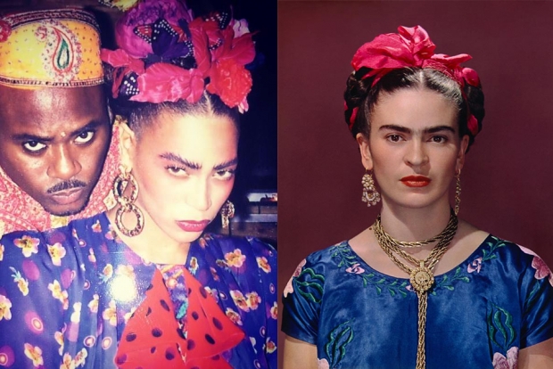 À esq., Beyoncé fantasiada de Frida Kahlo; à dir., Frida, a falecida pintora mexicana (Foto: Reprodução)